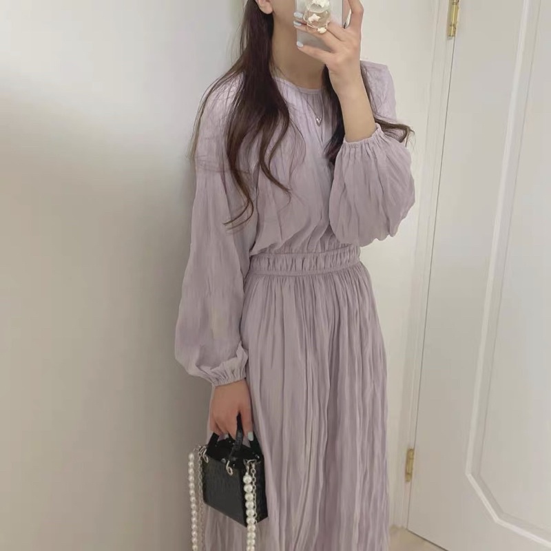 Đầm voal tím dài tay style vintage