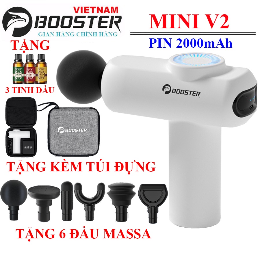 MUA 1 ĐƯỢC 4 - 2000mAh KÈM 6 ĐẦU - TẶNG TÚI ĐỰNG Máy massa cầm tay BOOSTER MINI V2 công suất 25W lực đấm 14kg, sâu 6mm