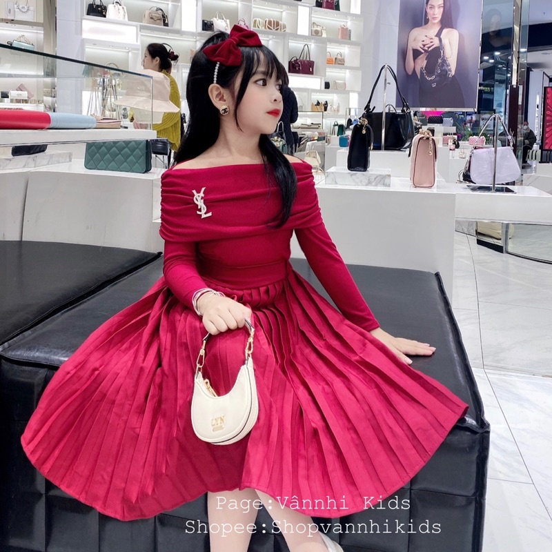 Set áo trễ vai YSN + chân váy xếp ly xoè cho bé size đại 17kg-42kg