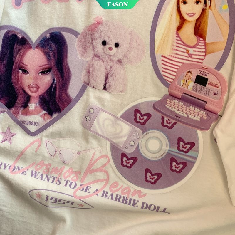 Áo Thun Tay Ngắn Dáng Rộng Vải Cotton In Hoạt Hình Barbie Kiểu Retro Đường Phố Cho Nữ