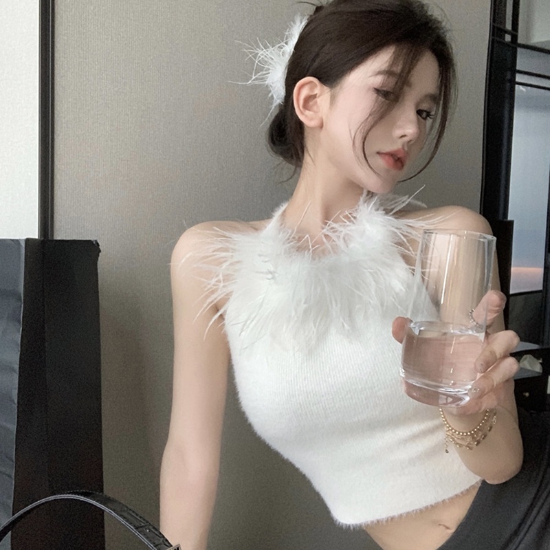 Áo Croptop Không Tay Hở Lưng Cổ Yếm Đính Lông Vũ Phong Cách Đường Phố Thời Trang Mùa Hè Cho Nữ