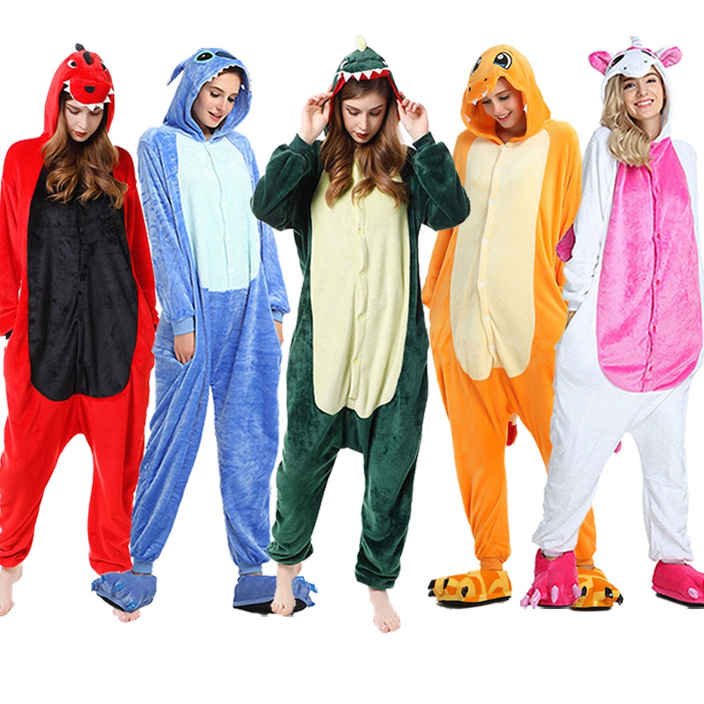 Bộ Đồ Ngủ Liền Thân Hóa Trang Khủng Long Hoạt Hình Bằng Vải Flannel Dành Cho Nam Nữ