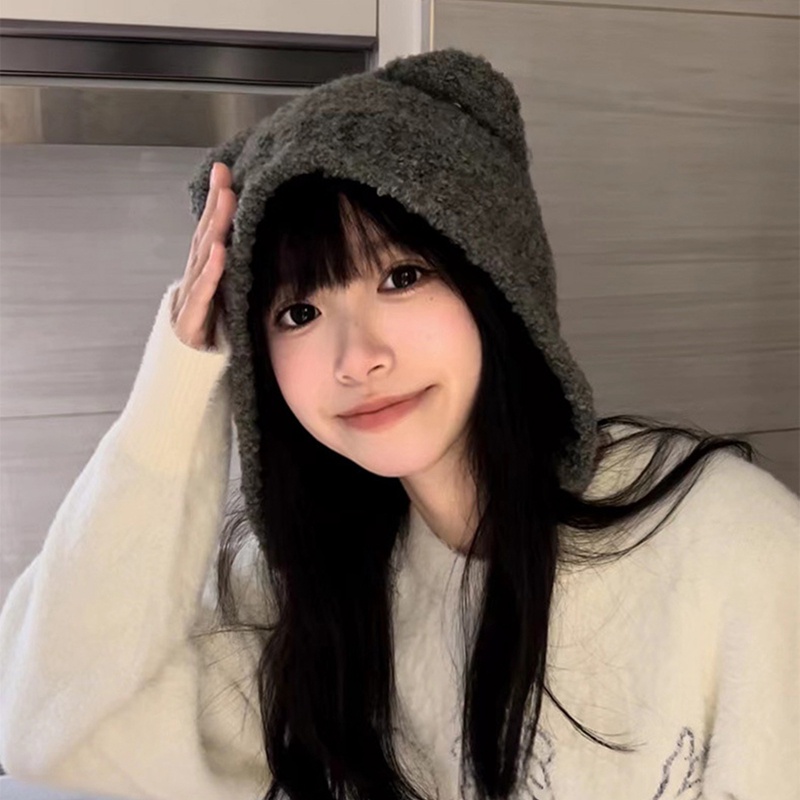 Ygt Mũ Len Lông Cừu Dày Dặn Giữ Ấm Mùa Thu Đông In Hình Gấu Dễ Thương Cho Nữ