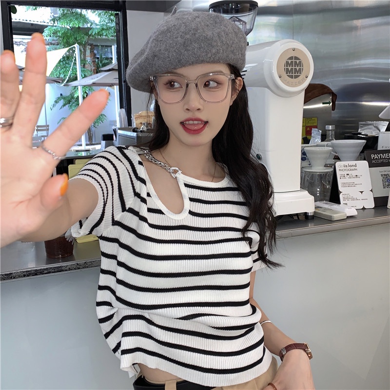 IELGY     Áo Dệt Kim Ngắn Tay Họa Tiết Kẻ Sọc Thời Trang Cho Nữ