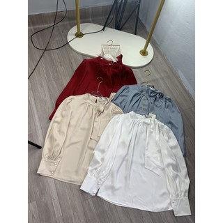 Áo sơ mi lụa cổ nơ lệch tay bồng dài tay 183