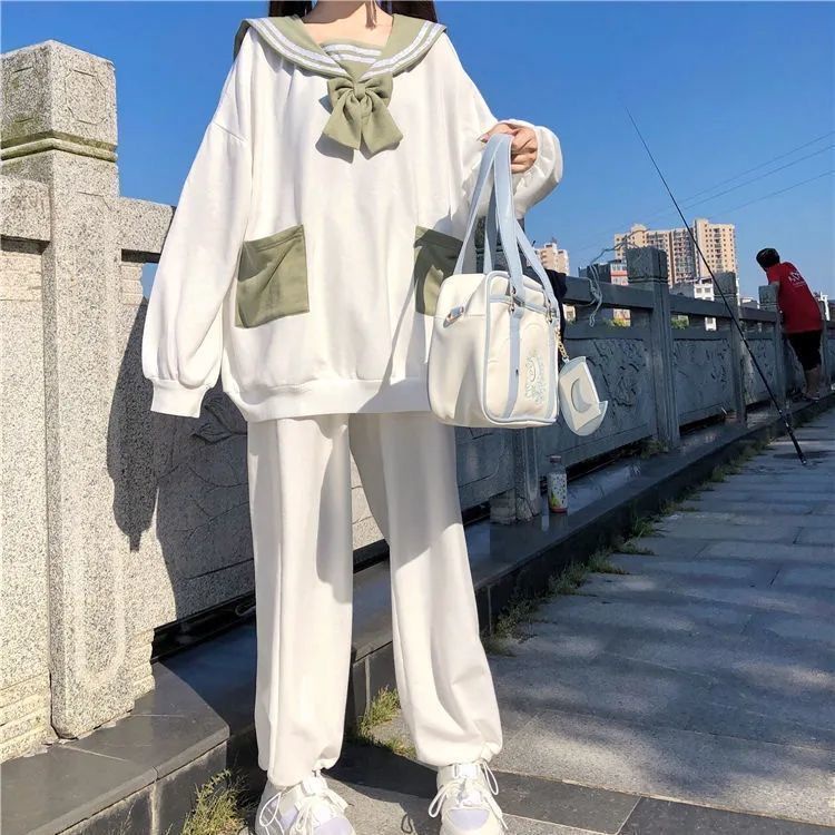 Bộ Áo Sweater Cổ Hải Quân Dáng Rộng + Quần Dài Ôm Dáng Thời Trang Thu Đông Hàn Quốc Cho Nữ