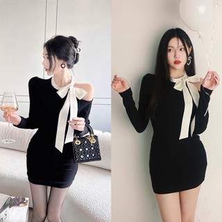 ĐẦM KIỂU ĐEN PHỐI NƠ HỞ VAI DPN1