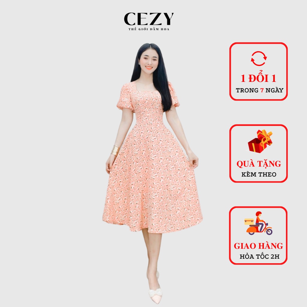 Đầm cổ vuông tay phồng hoa nhí dáng xòe dây thắt nơ eo có size bigsize CEZY D85