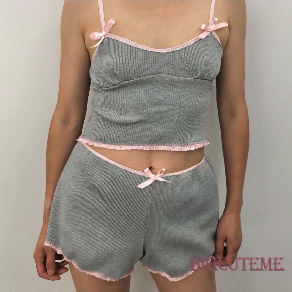 [] - Set Đồ 2 Món Gồm Áo Hai Dây Spaghetti Hai Dây Thắt Nơ Eo Co Giãn Phối Quần Short Lưng Thun