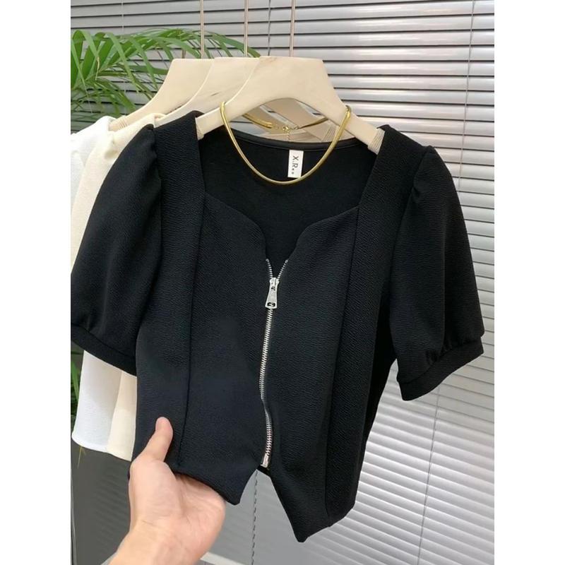 Áo Cardigan Cổ Vuông Tay Phồng Phối Khóa Kéo Phong Cách Pháp Thời Trang Mùa Hè Mới Cho Nữ