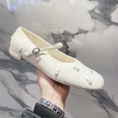 Giày bệt tweed CK đính nơ thỏ cute quai ngang búp bê- ORD