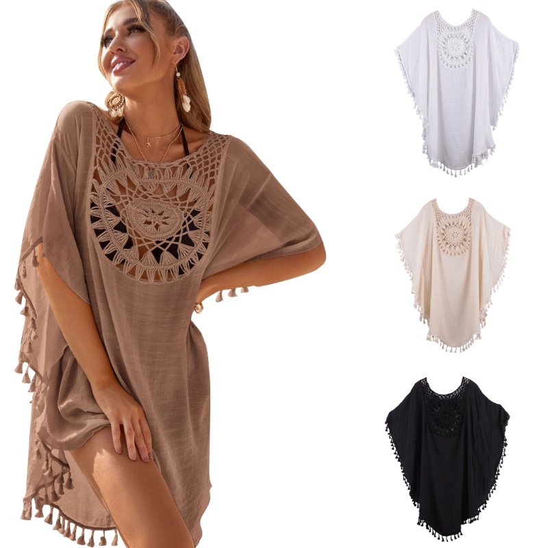Áo Choàng Ngắn Tay Chống Nắng Thiết Kế Rỗng Phối Tua Rua Thời Trang Đi Biển Cho Nữ