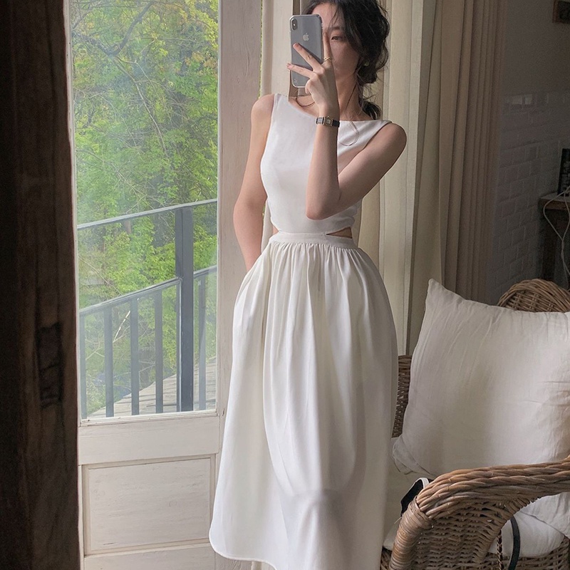 IELGY  Đầm Không Tay Hở Vai Phong Cách hepburn Cao Cấp Dành Cho Nữ