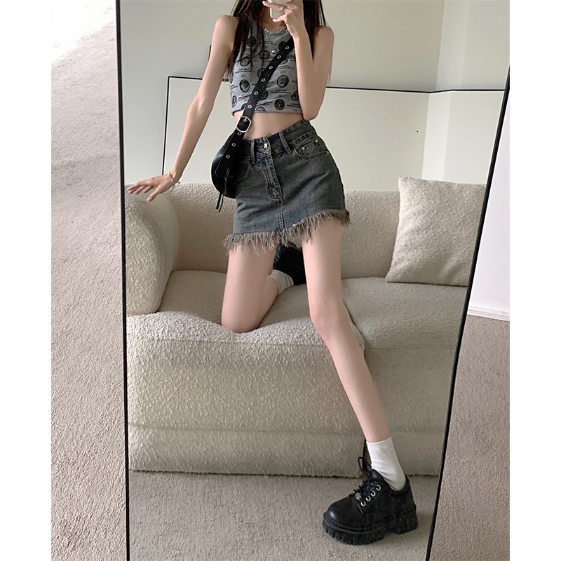 chân váy jean đầm denim lưng cao phối tua rua phong cách retro thời trang cho nữ