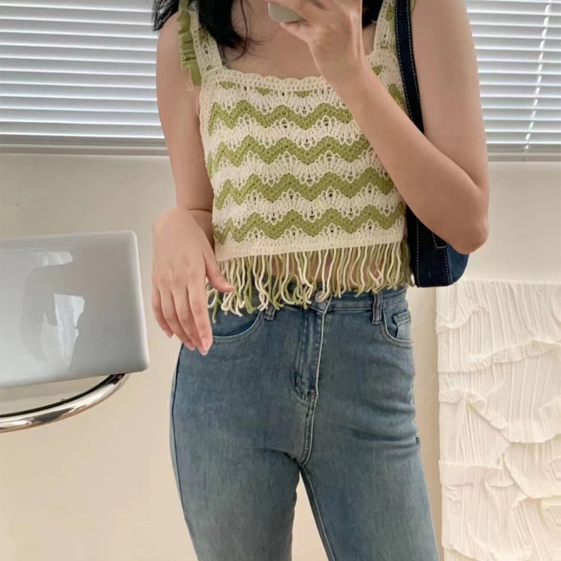 Áo Dệt Kim Không Tay Cổ Vuông Viền Tua Rua Thêu Họa Tiết Thời Trang Mùa Hè Cho Nữ