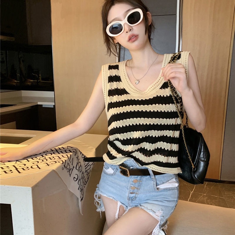 Áo Tanktop Dệt Kim Dáng Rộng Kẻ Sọc Cá Tính Thời Trang Hàn Quốc Cho Nữ