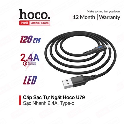 Cáp Sạc Nhanh 2.4A Tự Ngắt Và Truyền Dữ Liệu Hoco U79 Type-C Dây Bọc Dù và Dài 1.2m