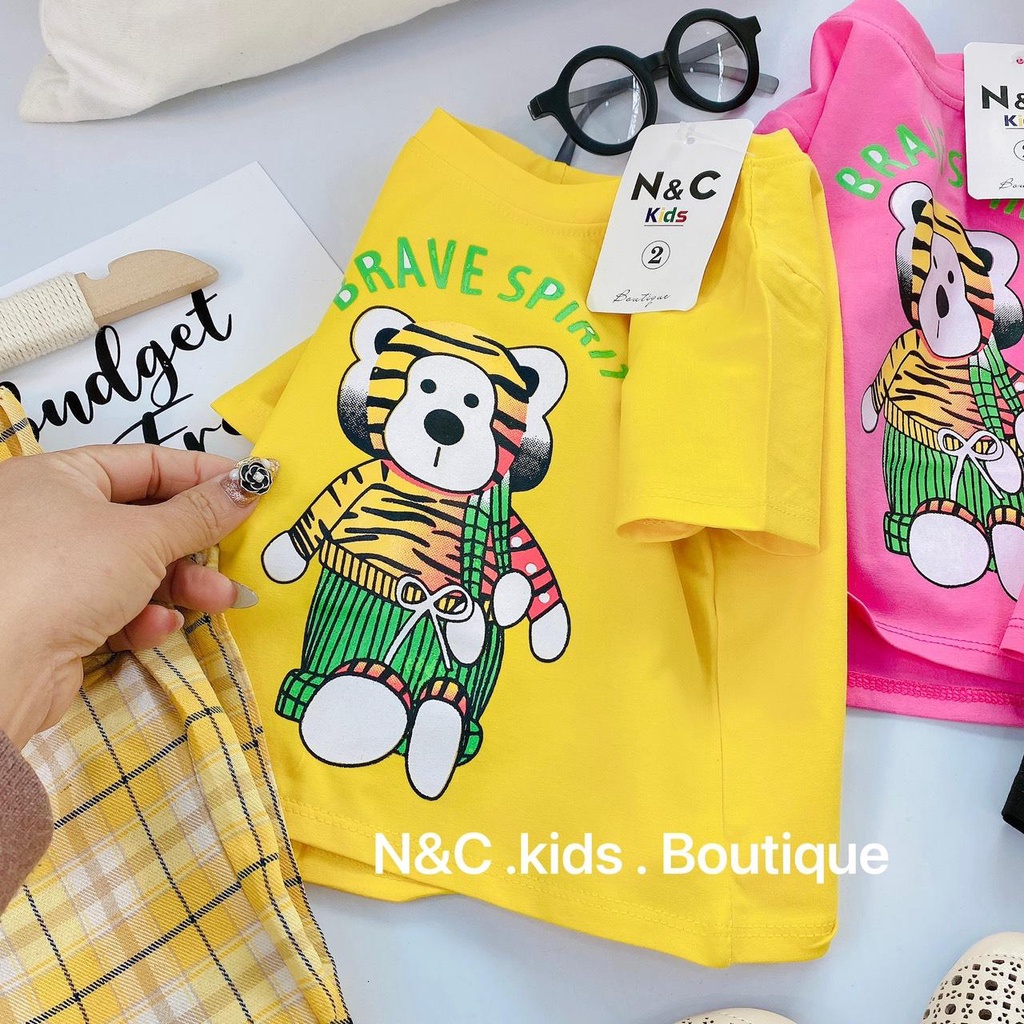 [10-19kg] Set 3 chi tiết bộ cotton NCkids bé gái quần kẻ áo phông croptop kèm mũ sz 1-7