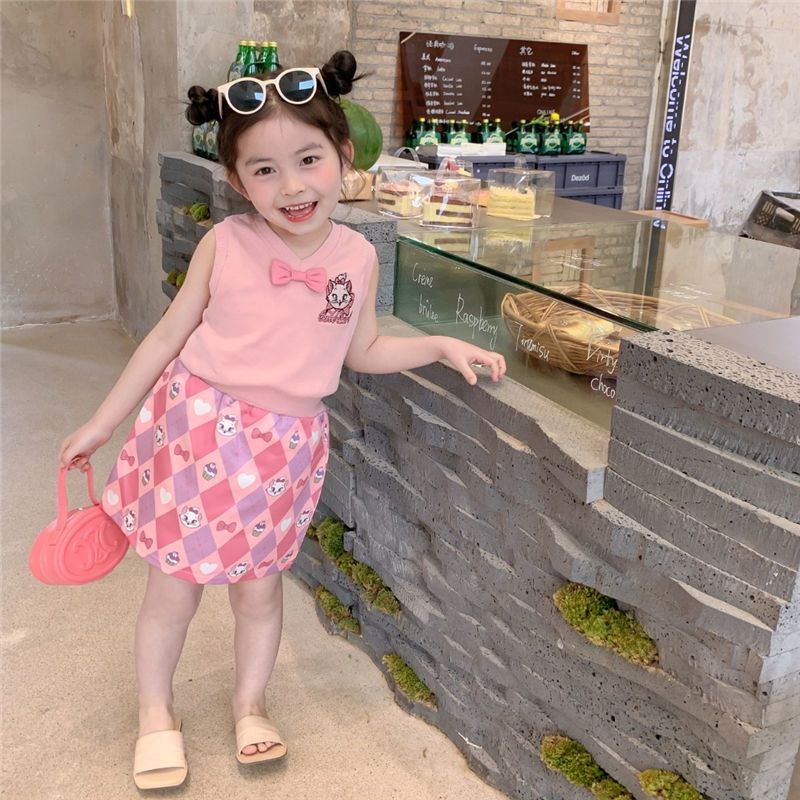 Bộ Đầm Hai Mảnh Áo Thun In Hình Mèo Mary Thời Trang Mùa Hè 2023 Dành Cho Bé Gái