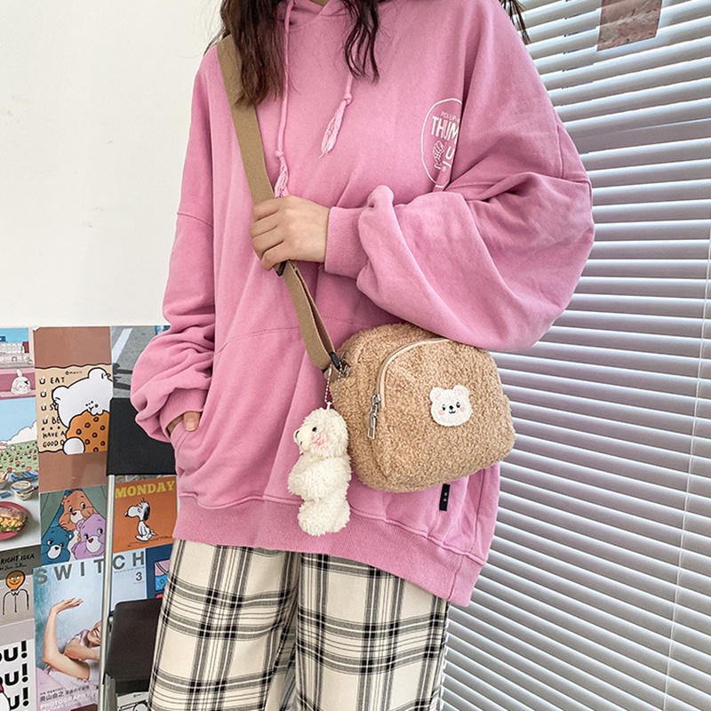 Túi Đeo Chéo Vải Nhung Lông Cừu Mềm Hình Gấu Dễ Thương Phong Cách retro Nhật Bản JP5