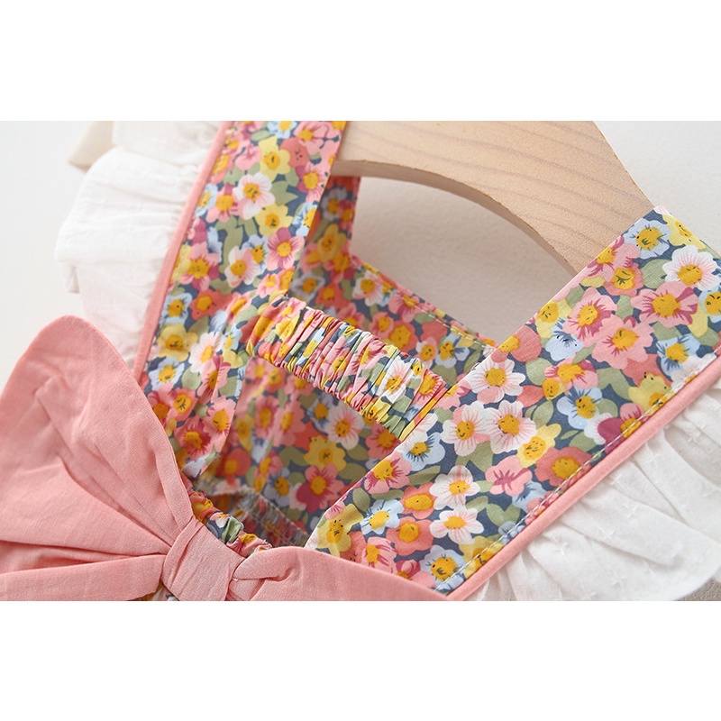 Đầm công chúa hai dây vải cotton in hoa đính nơ thời trang mùa hè xinh xắn dành cho bé gái