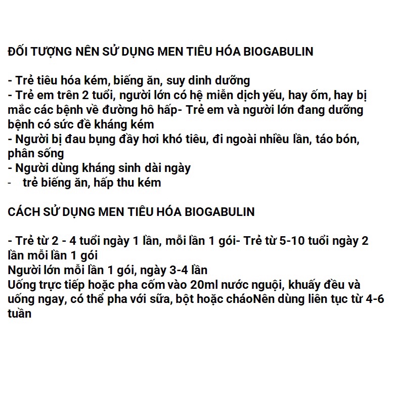 Men tiêu hóa Biogabulin - men vi sinh bổ sung lợi khuẩn, kẽm giúp tiêu hóa khỏe, ăn ngon miệng, giảm rối loạn đường ruột