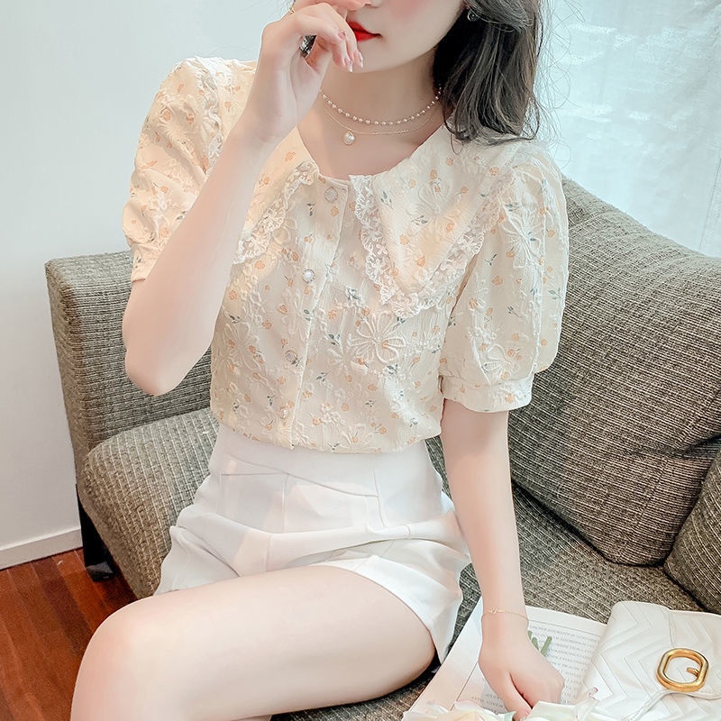 IELGY  Áo Kiểu Tay Phồng Ngắn In Hoa Thời Trang Cho Nữ