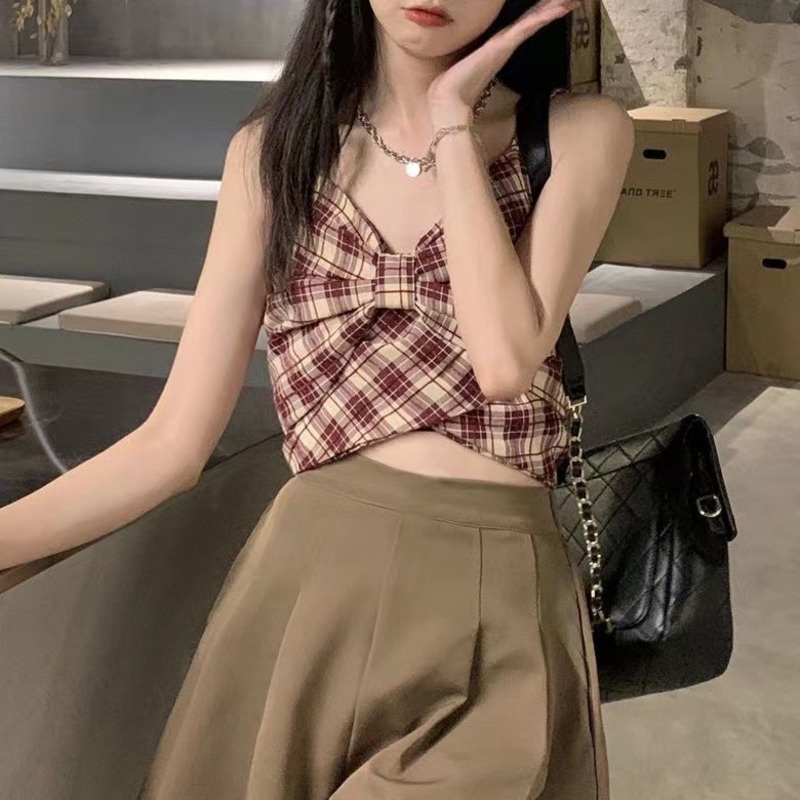 Áo Hai Dây Dáng Ngắn Màu Sắc Tương Phản Phong Cách Hàn Quốc Quyến Rũ