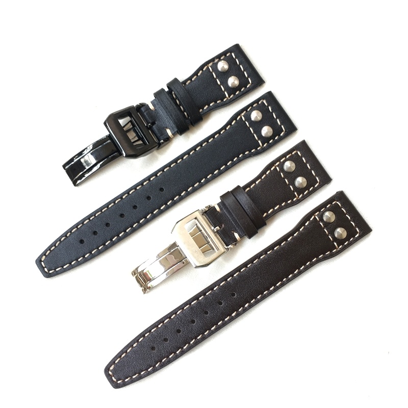 Dây Đeo Thay Thế Bằng Da Thật Màu Đen / Nâu Đậm 22mm Cho Đồng Hồ IWC Big Pilot Khóa Cài Đinh Tán Deployant