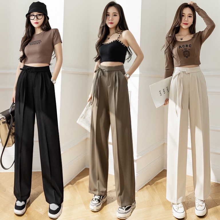 Quần Tây Âu Ống Rộng Lưng Cạp Cao Vải Mềm Không Nhăn Thắt Dây Nơ, Quần Suông Đứng Công Sở Màu Đen Trắng Đi Học M015