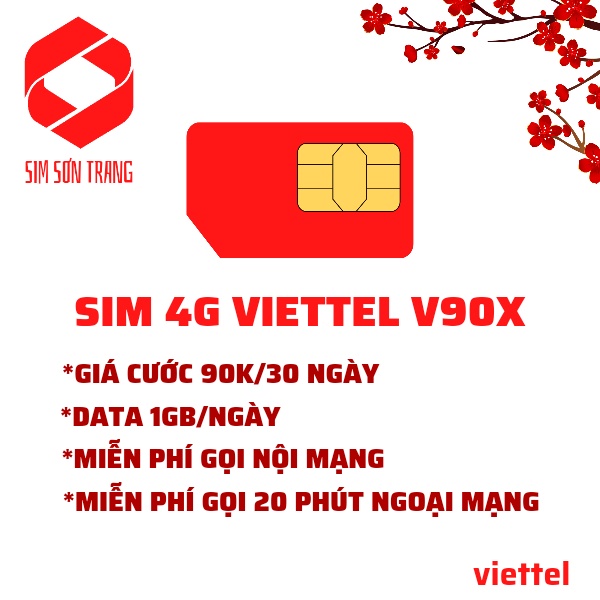 Sim 4G Viettel gói V90X data 1GB/ngày miễn phí gọi nội mạng, miễn phí 20 phút ngoại mạng, giá cước 90k/30 ngày