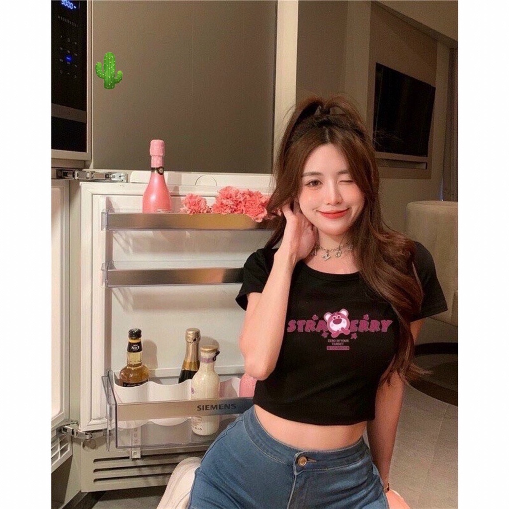 Áo kiểu croptop in chữ hồng và gấu nhỏ cực xinh , chất thun bozip mềm mịn