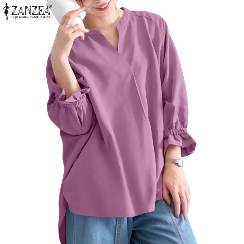 Áo kiểu ZANZEA cổ chữ V nhún bèo thời trang dành cho nữ