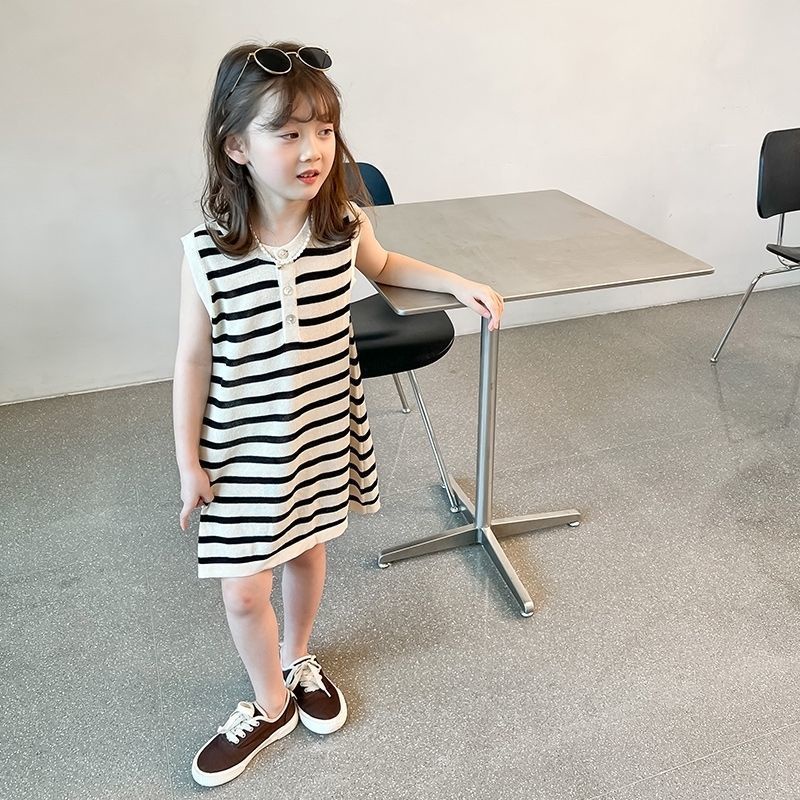 Đầm IQ ANGEL từ cotton họa tiết kẻ sọc nhanh khô thoáng khí thời trang cho bé gái