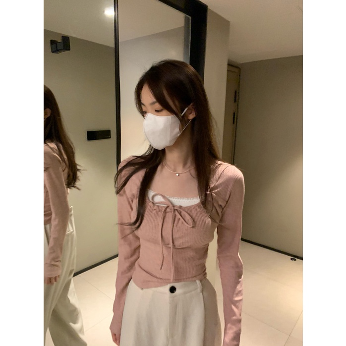 Áo Croptop Tay Dài Cổ Vuông Màu Sắc Ngọt Ngào Thời Trang Mùa Thu Quyến Rũ Cho Nữ