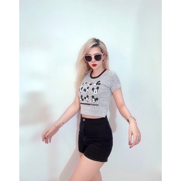 Áo croptop ôm thun len dệt kim xám phối bo đen in Mickey