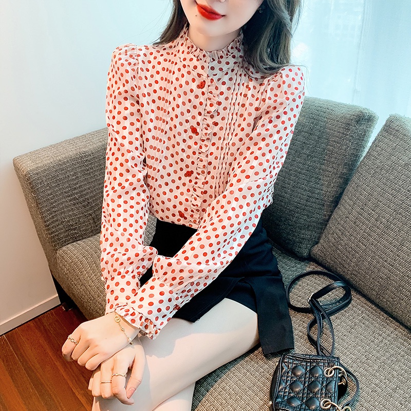 Áo Sơ Mi chiffon Tay Dài Phồng Cổ Đứng Họa Tiết Chấm Bi Phong Cách Hàn Quốc Thời Trang Cho Nữ