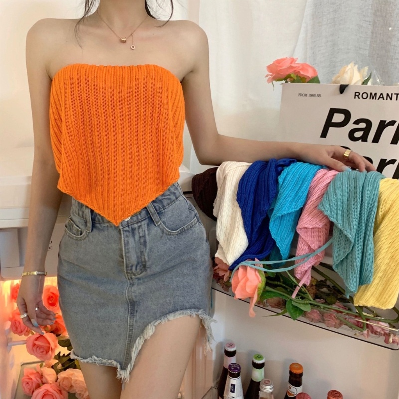 Yoi Áo Ống Dệt Kim Hở Lưng Gợi Cảm Viền Gân Không Đối Xứng Cho Nữ