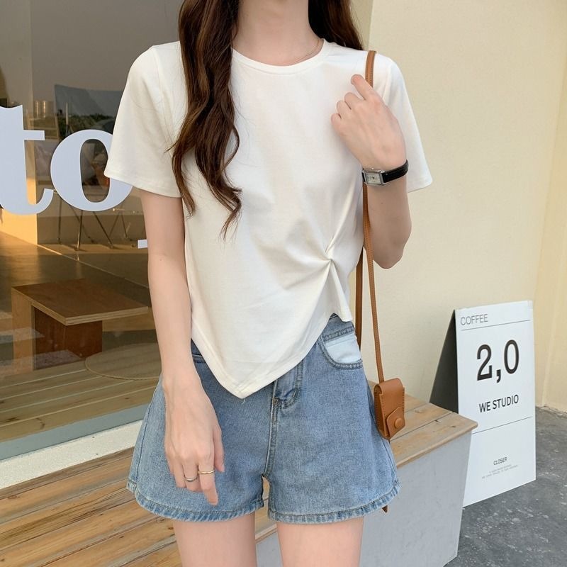 Linki ❆ Áo Thun Ngắn Tay Màu Trơn Thiết Kế Lệch Tà Thời Trang Cho Nữ
