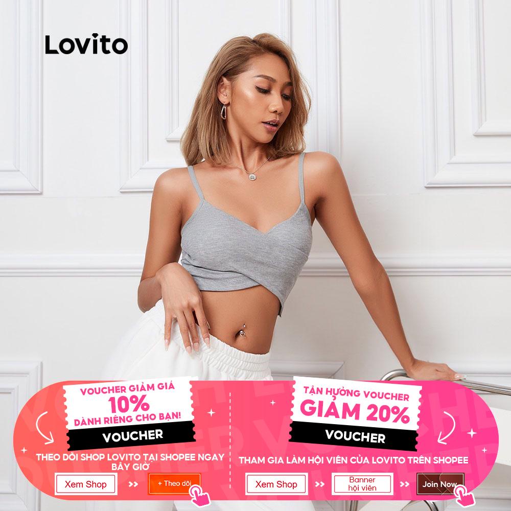 Áo ngực thể thao Lovito màu trơn đơn giản kiểu đan chéo L08071 (màu đen/xám)