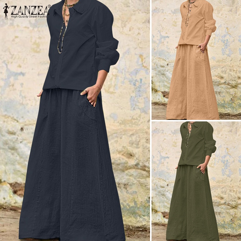 Zanzea Set Áo Kiểu Dài Tay Cổ V + Quần Dài Ống Rộng Thời Trang Nữ