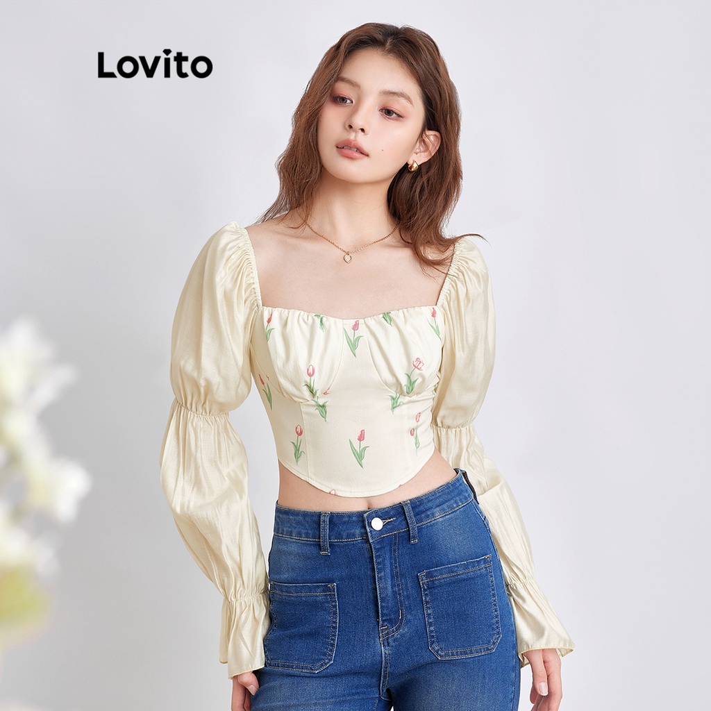 Lovito Áo Sơ Mi L44EE013 (Màu Mơ) Vải Virago Tay Xuyên Thấu Cổ Điển Ditsy | BigBuy360 - bigbuy360.vn