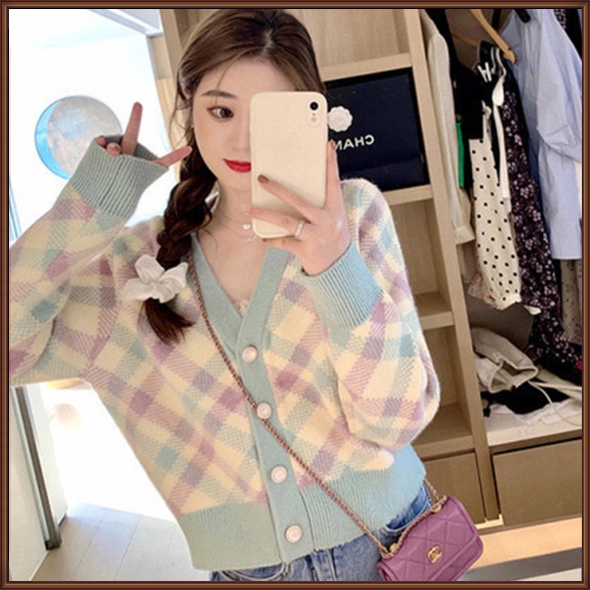 Áo Khoác Cardigan Dệt Kim Cổ Chữ V Họa Tiết Hình Thoi Màu Sắc Tươi Tắn Cho Nữ