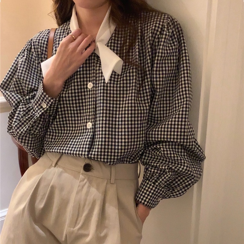 Áo sơ mi SUXI tay dài thắt nơ họa tiết kẻ sọc màu tương phản phong cách Hàn Quốc