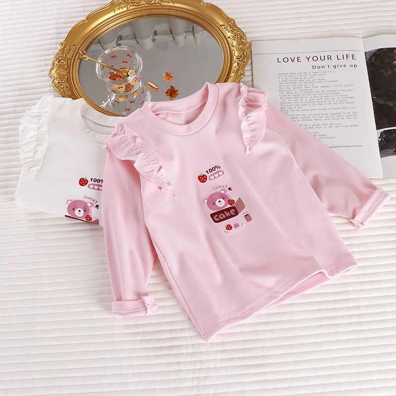 80-140cm Mùa Xuân Phong Cách Mới Bé Gái Đáy Áo Sơ Mi Phiên Bản Hàn Quốc Thường Ngày Nhung Đức Áo Thun Dài Tay Cho Bé Gái Ren Tay Áo Quần Áo Trẻ Em