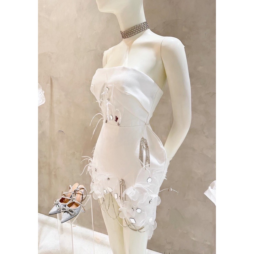 ĐẦM ĐEN CÚP NGỰC PHỒNG HÔNG ĐÍNH LÔNG VŨ + ĐÁ SBHN