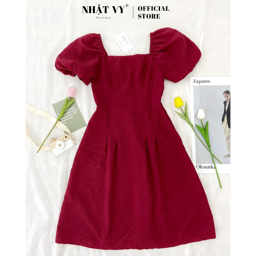 Đầm dự tiệc hoa nổi Nhật Vy tay bí cổ vuông dáng ôm xoè chất xốp phù hợp đi chơi dạo phố sang chảnh - D2552