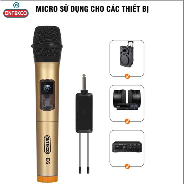 Bộ micro không dây ONTEKCO E6 màu vàng đen hát karaoke dùng cho mọi loa kéo, amply gia đình, chống hú