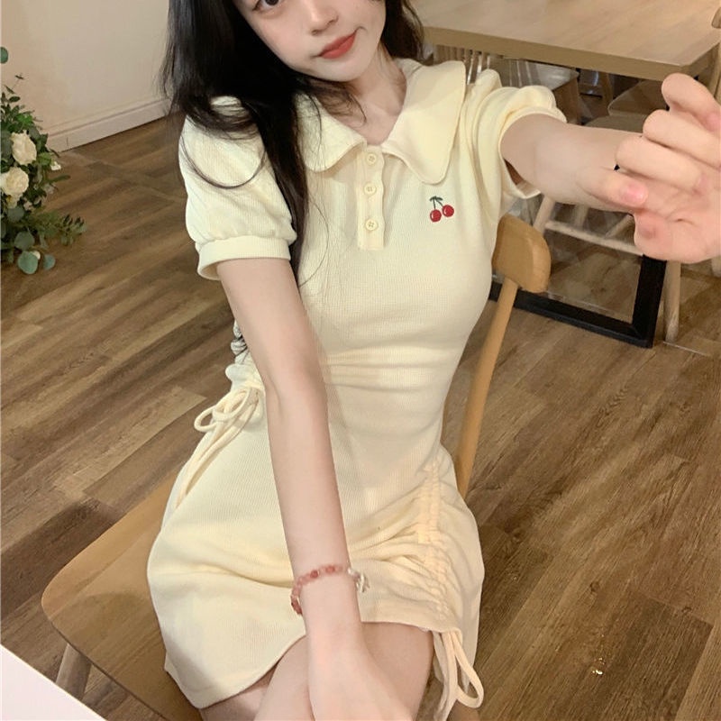 COZOK Đầm Tay Ngắn Cổ POLO Phối Dây Rút Thời Trang