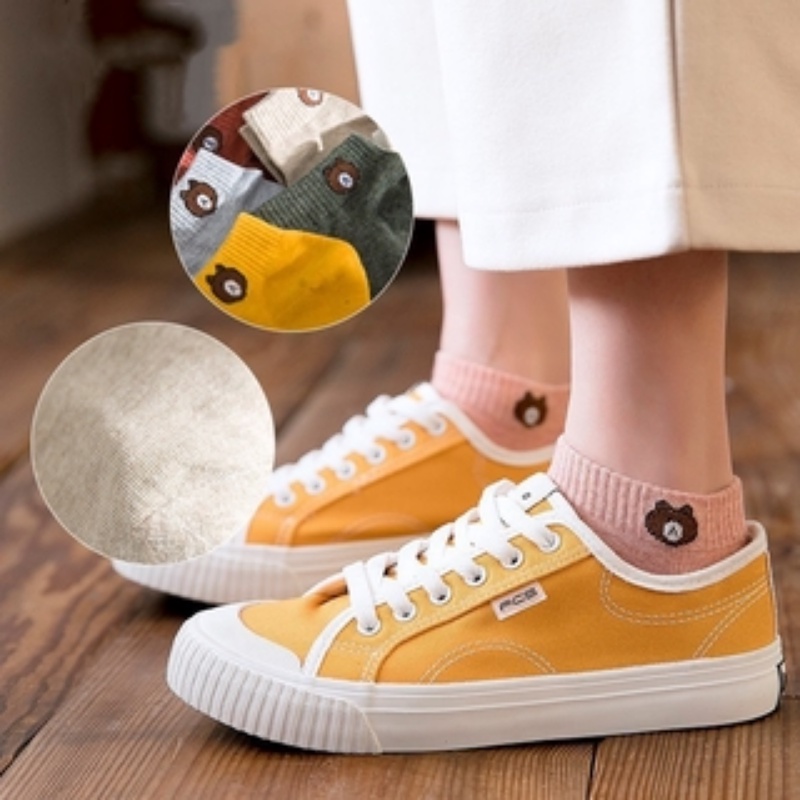 Vớ Cotton Cổ Thấp Thoáng Khí Màu Trơn Họa Tiết Gấu Dễ Thương Phong Cách Hàn Quốc Thời Trang